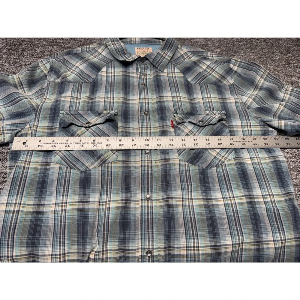Levis Mens Blue Plaid Short Sleeve Western Pearl Snap Shirt Large L Cotton